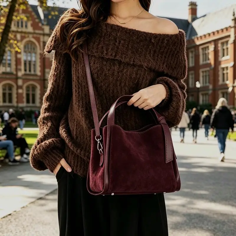 Winter Women's Genuine Suede Cowhide Leather Bucket Shoulder Bag Natural Suede Leather Top Handle Crossbody Tote Handbag
