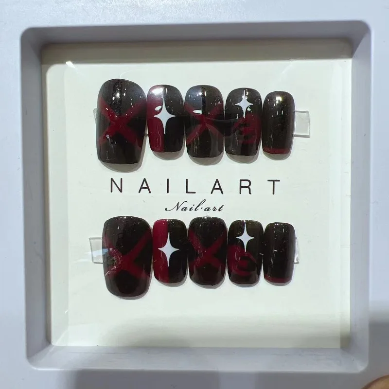 10Pcs/set Short Gothic Style Fake Nails Press Ons Fashion Nail Tips Full Cover False Nails with Designs Black Red Press on Nails