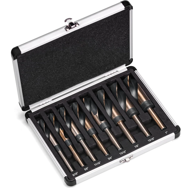 

8 Piece Silver And Deming Drill-Bit Set Cobalt Drill Bit Set 1/2-Inch-Diameter Shank, 9/16-Inch To 1-Inch Sizes