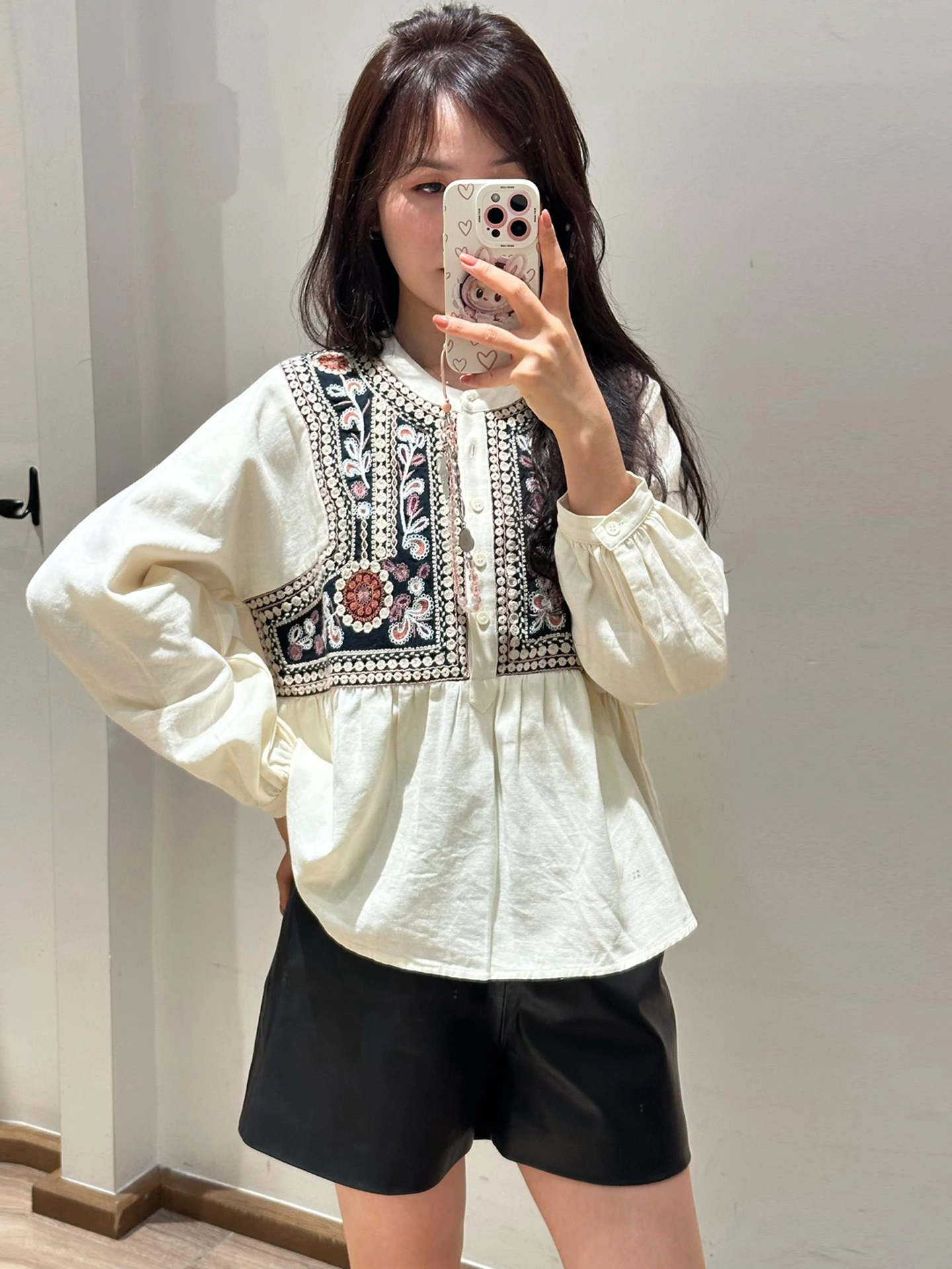 

n Sle Embroidered Lantern Sve irt Women's Premium Faion Top Long Sve round Ne ort Length Casual Wear