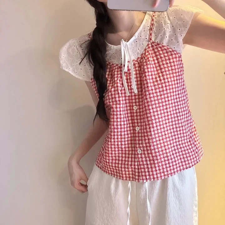 

Sweet Sle Korean Version irt ort Sve Plaid Color Blo Doll Top Women's Summer Faion Thin Upper Body Regular Length