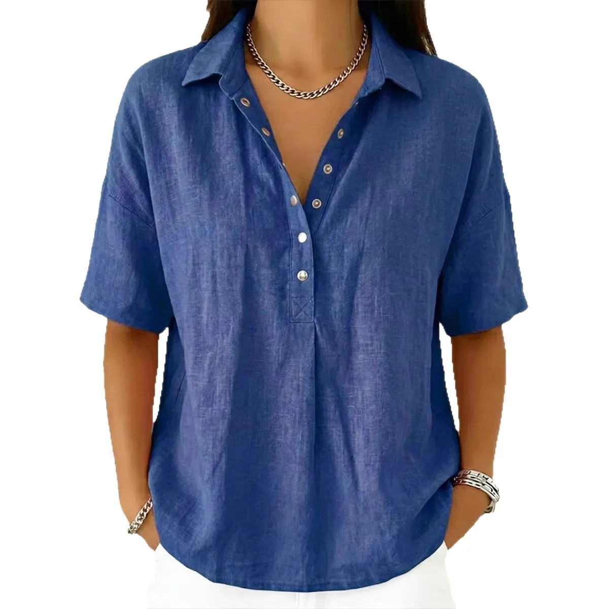 

Women Blouse Short Sleeve Solid Color Blouses Loose Fit Pink Button Down Shirt Light Blue Casual Shirt Navy Blue Relaxed Fit
