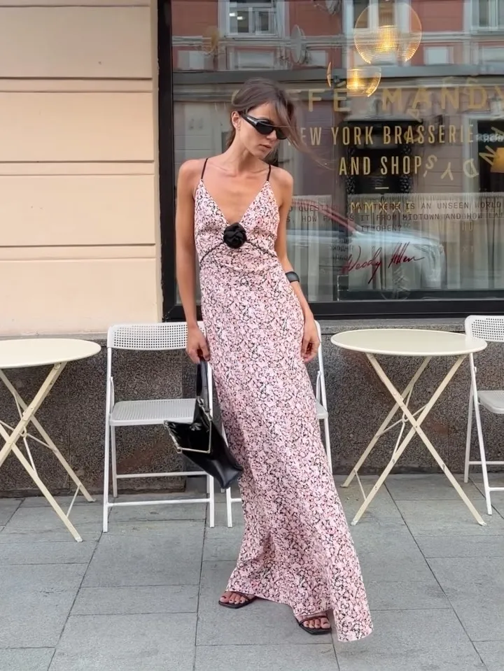 Pink Ditsy Floral Satin Maxi Dress Spaghetti Strap Deep V Neck Front Black Rose Detail Ruffle Hem Women Street Vacation Dress