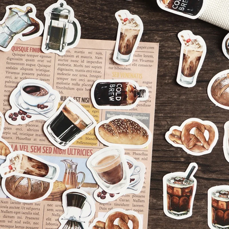 46 Sheets Vintage Coffee Stickers Creative Material Decoration Self Adhesive Label Stickers DIY Painting Stickers