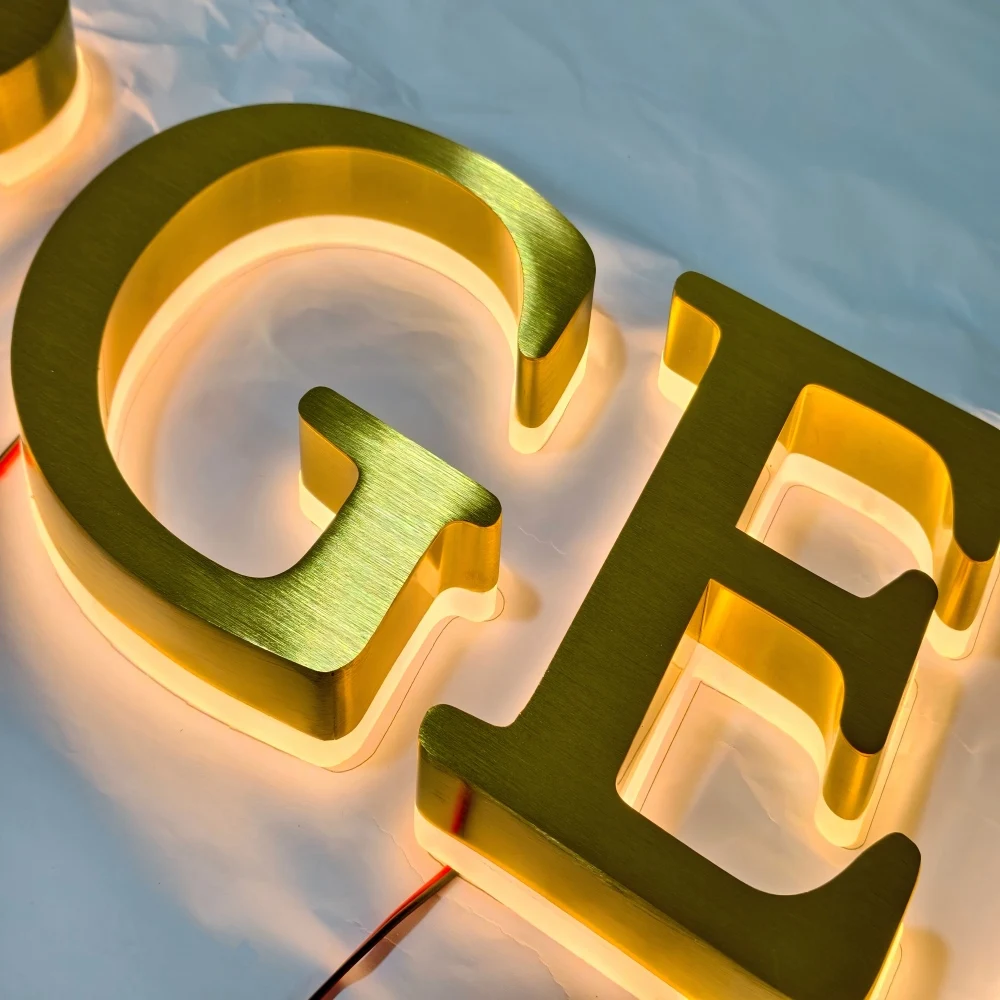 Custom backlit signage, stainless steel business store 3D letter signage, LED signage, outdoor storefront, LED channel signage