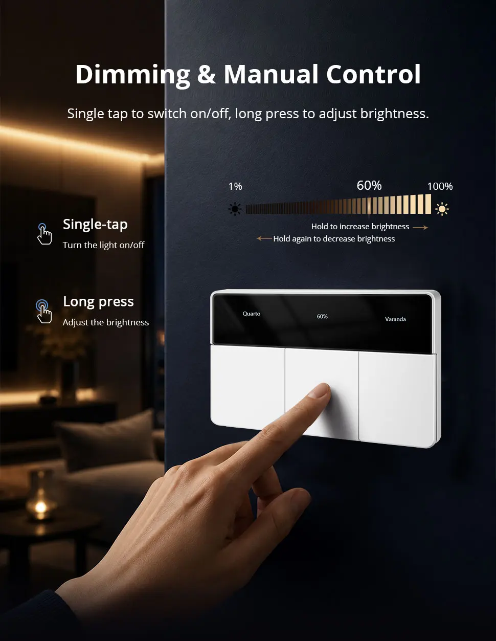 Zemismart Zigbee Smart Dimmer-Schalter mit benutzerdefinierbarem Namensbildschirm und horizontaler Drucktaste, kompatibel mit Tuya und Google Home über M6 Hub – Detail 5