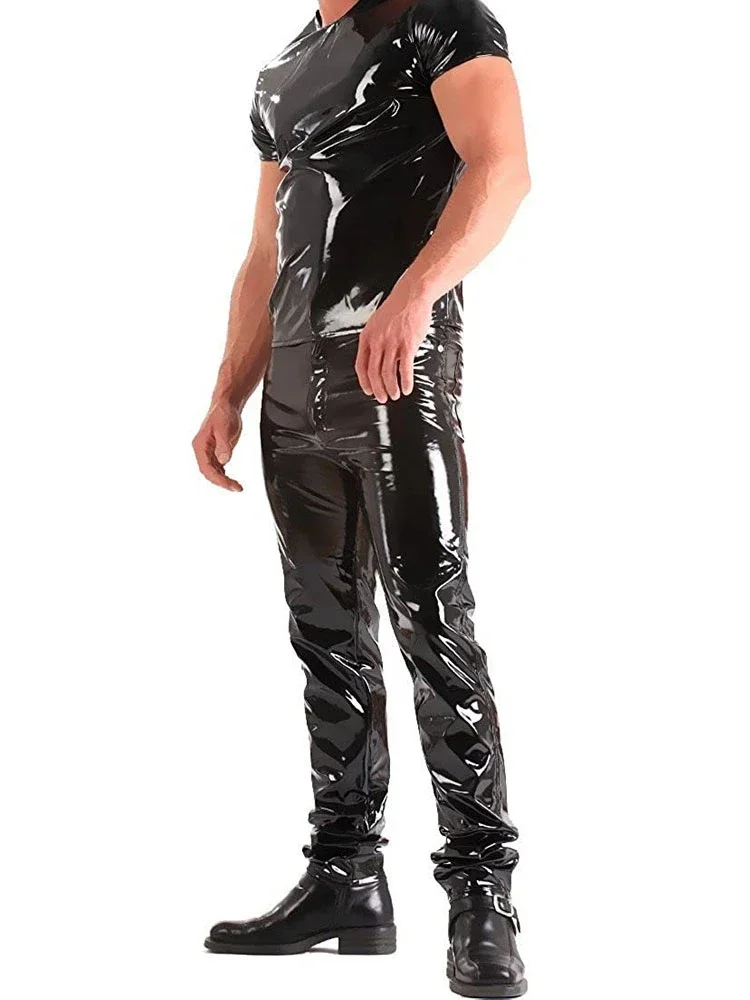 Men\'s Shiny Patent Leather Pants Mid Waist Faux Latex Trousers Wet Look Stretch PU Bodycon Pants Man PVC Clubwear Costume Custom