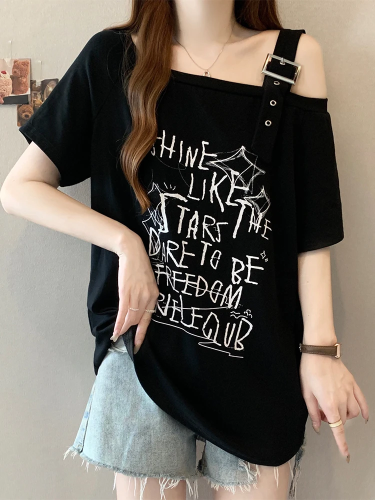 

plus Size American Style Short Sleeve Asymmetric Shoulder Base Shirt Women Summer Slimming Graffiti Versatile Top Cover Belly
