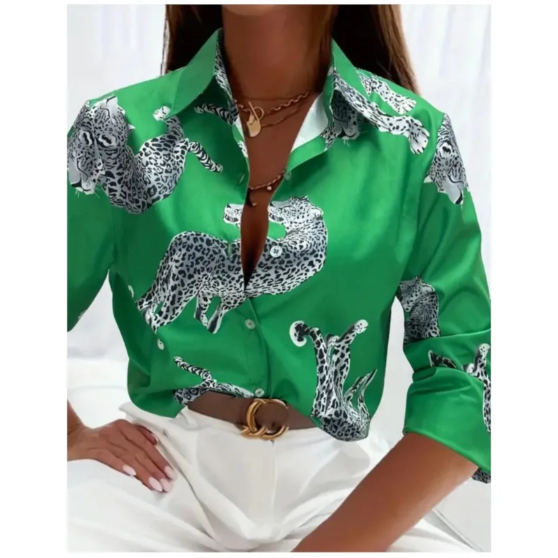 New Women's Elegant and Fashionable Long Sleeve Personalized Trendy Style Print Pattern Collar Button Shirt Top for Women Autumn