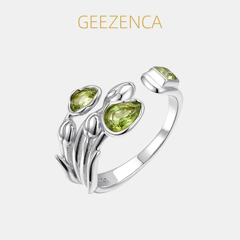GEEZENCA 925 Sterling Silver Peridot Birthstone Delicate Tulip Flower Open Ring Women Dainty Trendy Statement Rings Party Gift