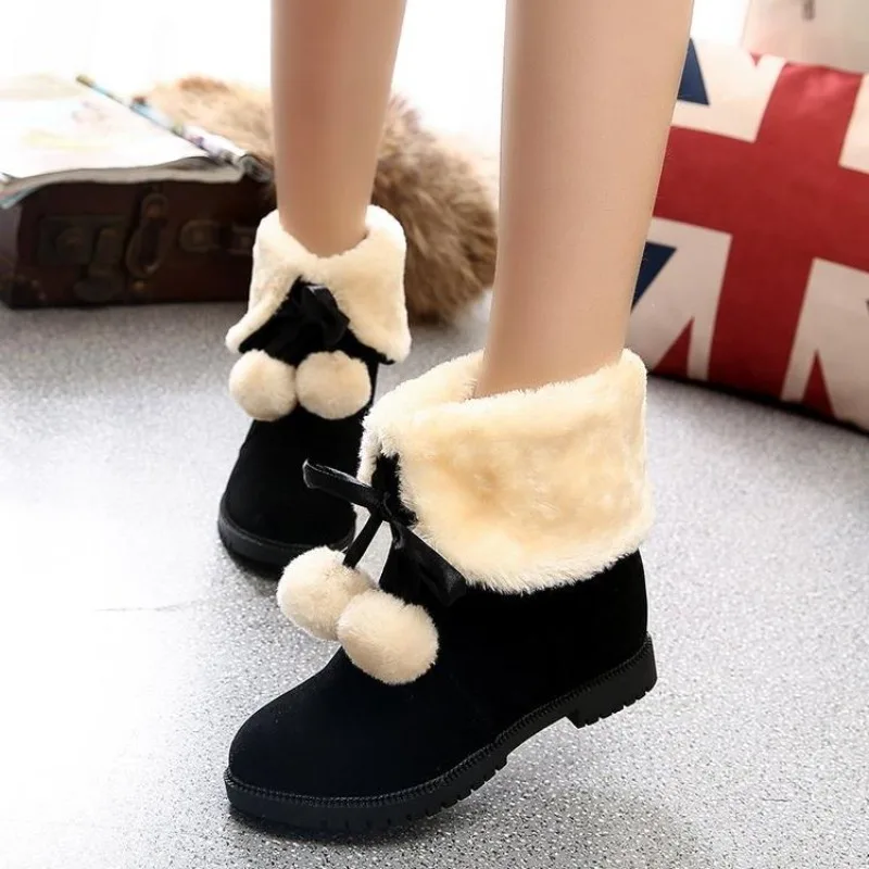 

Cute Waterproof Mid Calf Women's Snow Boots Round Toe Bow Ladies Shoes Luxury Comfortable and Elegant Padded Hot Furry Footwear
