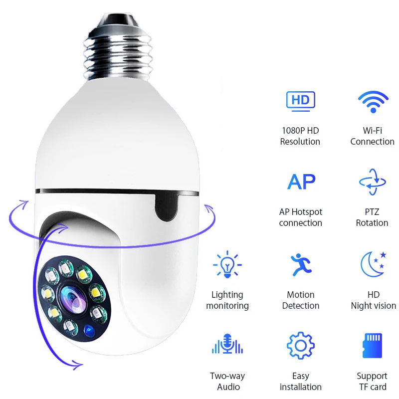 E27 Wifi Bulb Camera Wifi PTZ Colorful Night Vision Two Way Audio Baby Monitor Auto Tracking Home Security CCTV Camera