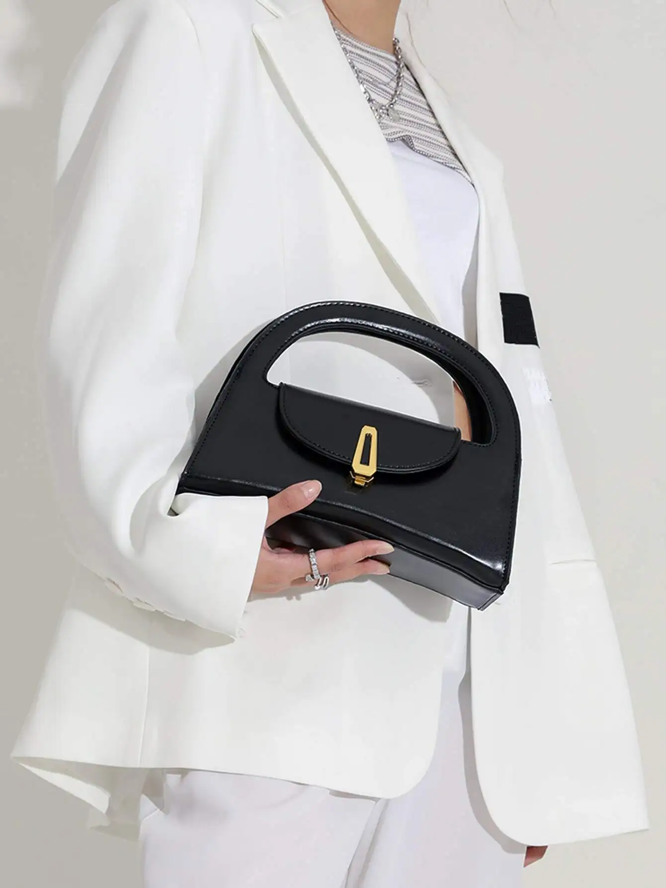 

Mini Top-Handle Handbag in Glossy Black Faux Leather for Office & Casual Wear