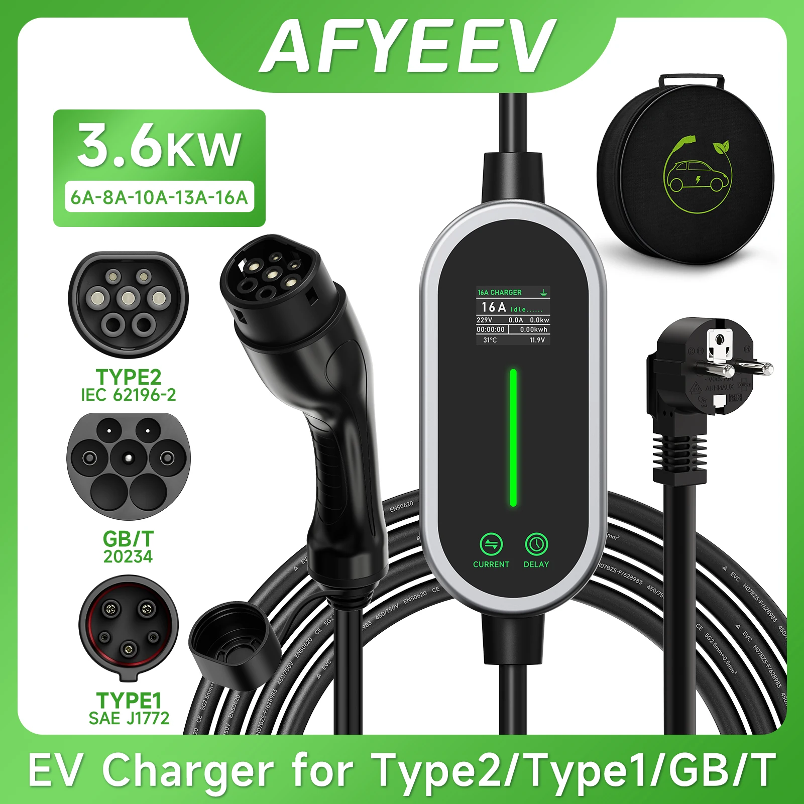 

Портативное зарядное устройство AFYEEV EV Type2/GB/T, разъем 16A, 1 фаза, 3,6 кВт, тип 1, 3,5 м, зарядная станция Wallbox для электромобиля