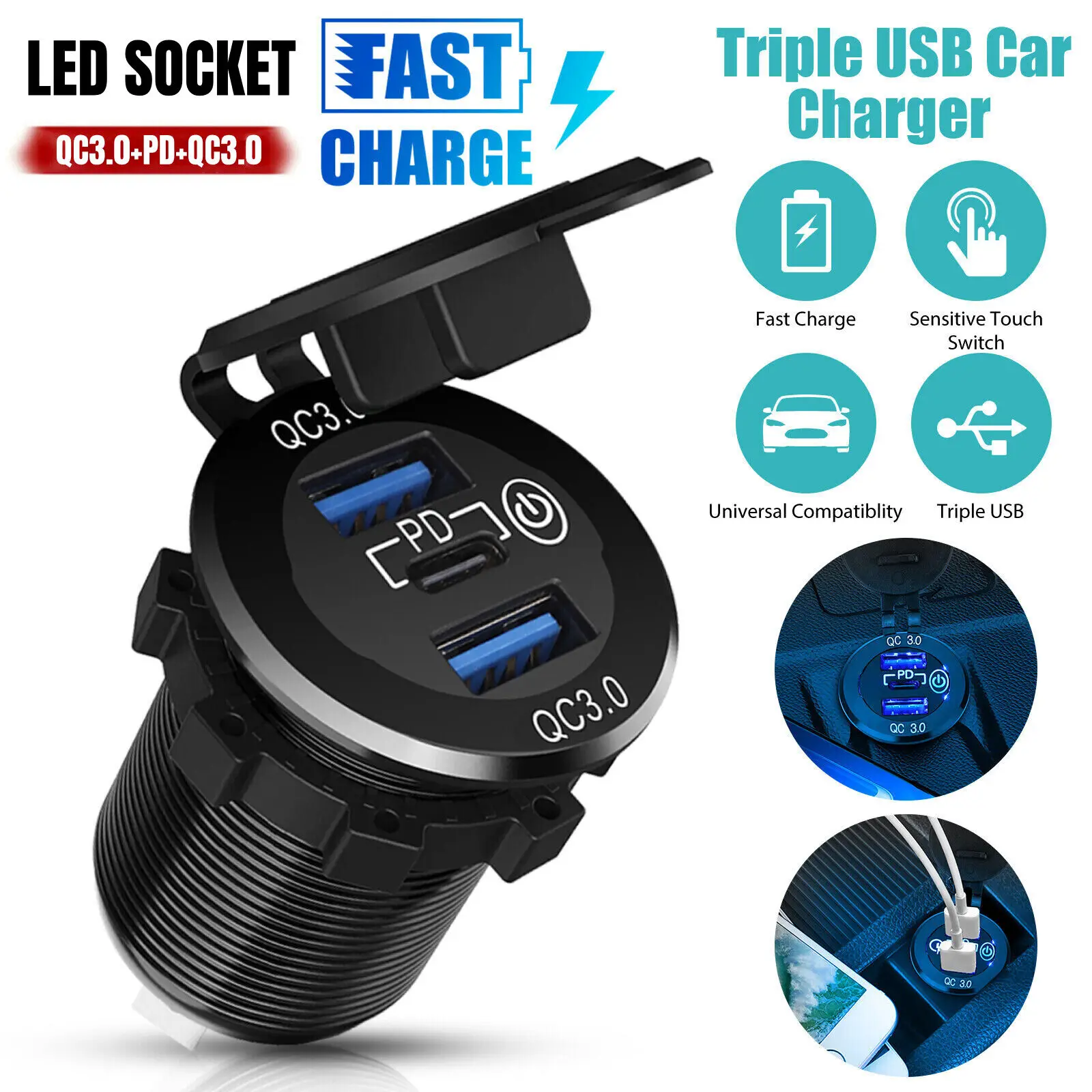 Triple Port 30W PD 3.0 & QC 3.0 Car Charger 12V-24V Aluminum USB Fast Charging Adapter with Touch Switch for iPhone For Samsung