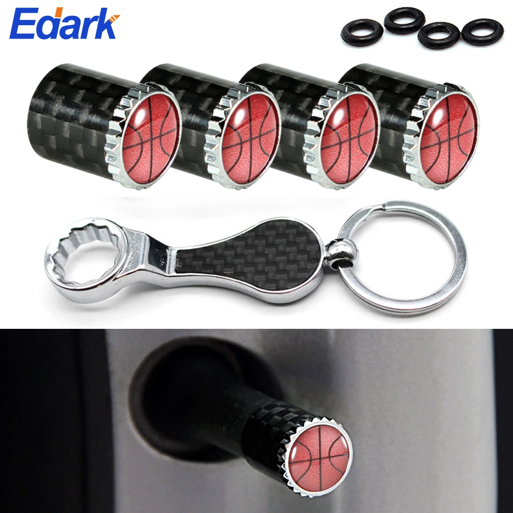 4 Pcs Basketball Logo Style Car Wheel Tire Valve Caps Air Cover + 1 Pcs Carbon Fiber Wrench Car Accessories Valve Stem Caps New