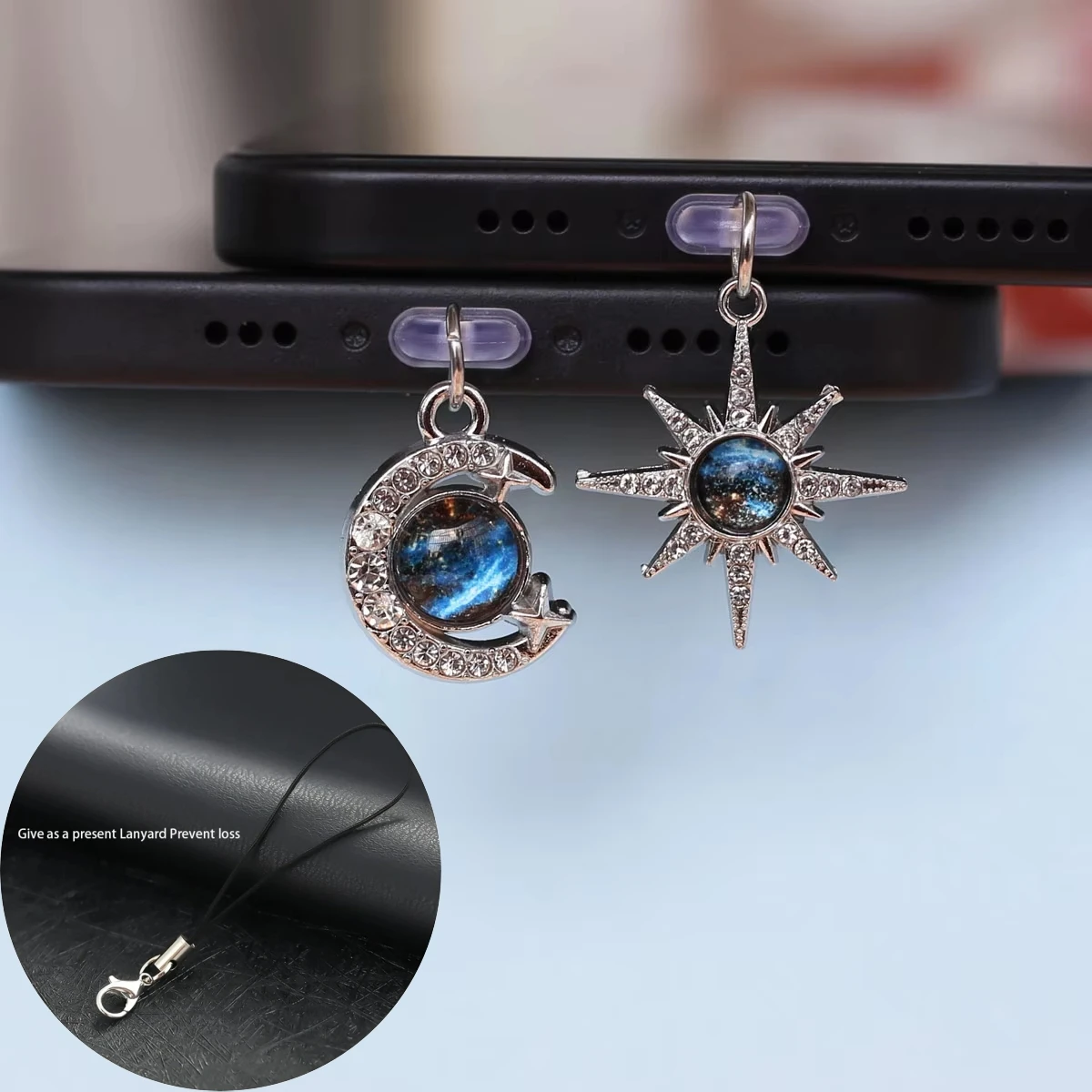 Protetor de Poeira para Celular com Tema Espacial de Estrelas e Lua, Acessório Decorativo de Céu Estrelado com Diamantes Brilhantes, Proteção de Interface para Múltiplos Cenários
