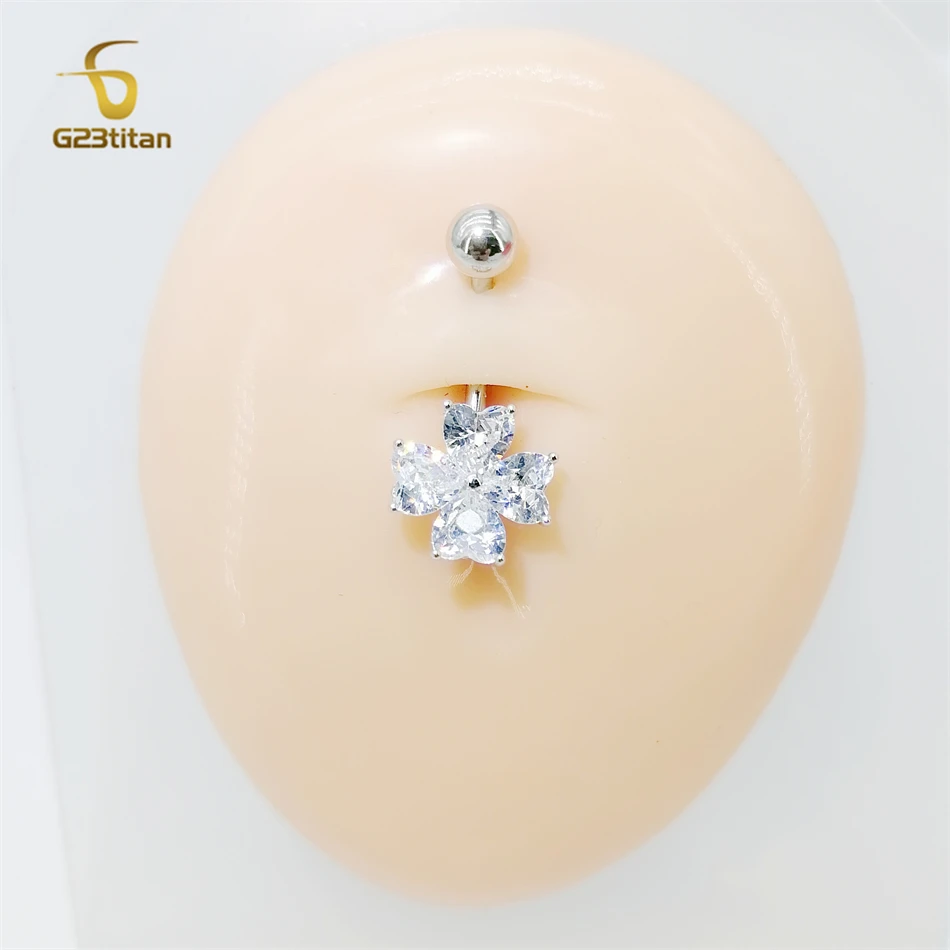G23titan Bright Crystal Clover Belly Button Ring for Women Love Heart Petal Zircon G23 Titanium Body Piercing Jewelry Navel Bar image 4