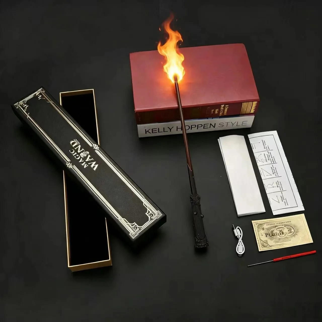 Harry Potter fire wand USB rechargeable flame wand with gift box Hogwarts tickets brochures magic props Cosplay collection gifts view 6