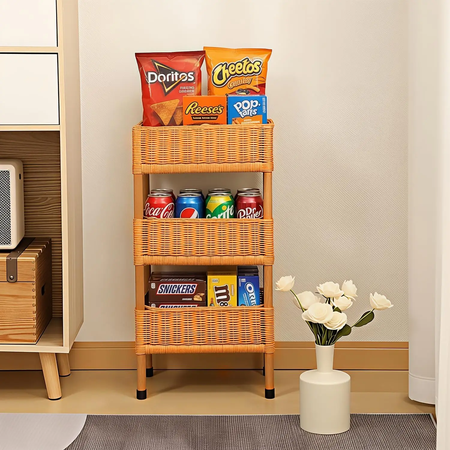 

3-Tier Rattan Shelving - Hand Woven Rattan Storage Rack Cabinet & Laundry Basket Stand Multi-unctional or Bedroom Living Room |