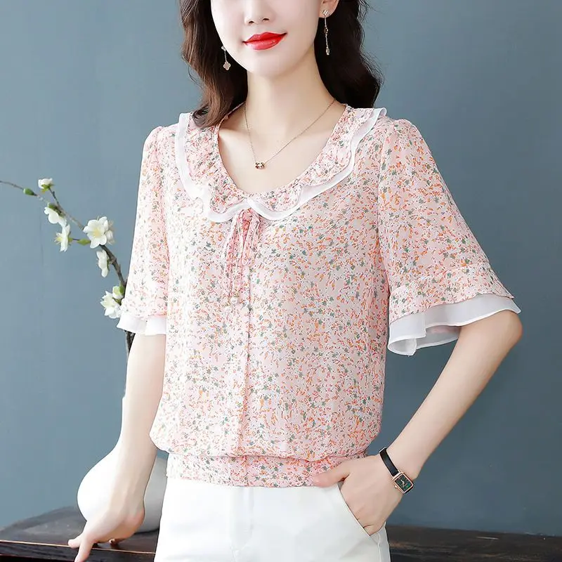 2023 Summer New Loose Fit Lacing Pullover Women\'s Blouse Fashion Round Neck Patchwork Ruffles Fragmented Printed Chiffon Shirt