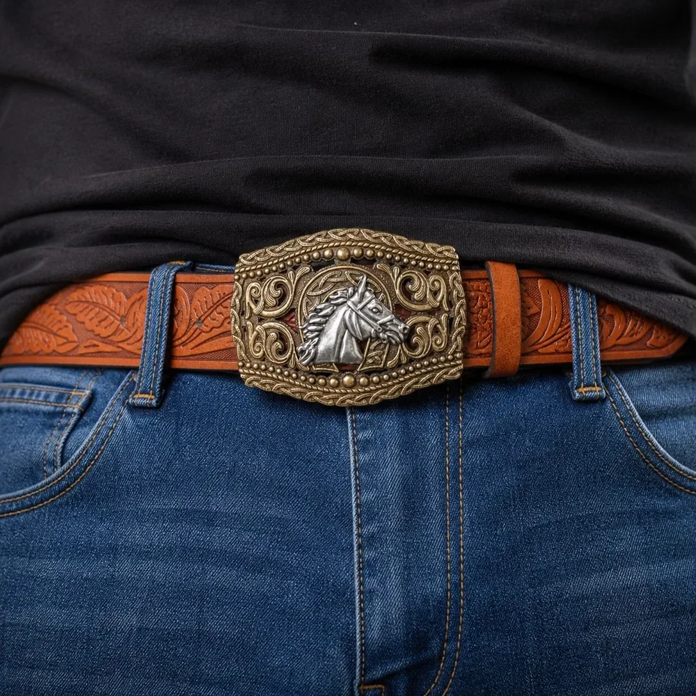 Reddish Brown Western Horse Head Embossed Belt Pin Buckle Jeans Trousers Cowboy Styling Daily Wear Fashion Waist Statement Punk