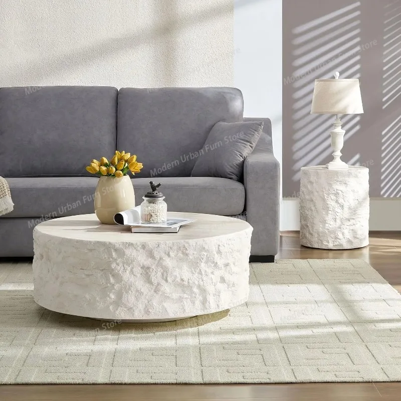 Round Faux Marble Coffee Table, Modern Drum Design, Circle Fiberglass Coffee Table, End Table for Living Room, Apartment