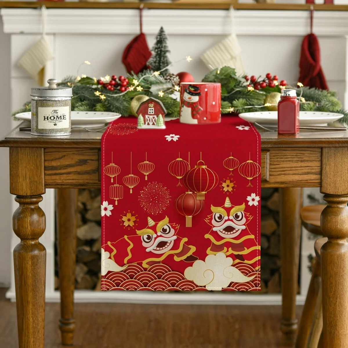 Chinese Lunar New Year Red Latern Lion Linen Table Runner Party Decor Spring Festival Kitchen Dining Table Runner New Year Decor