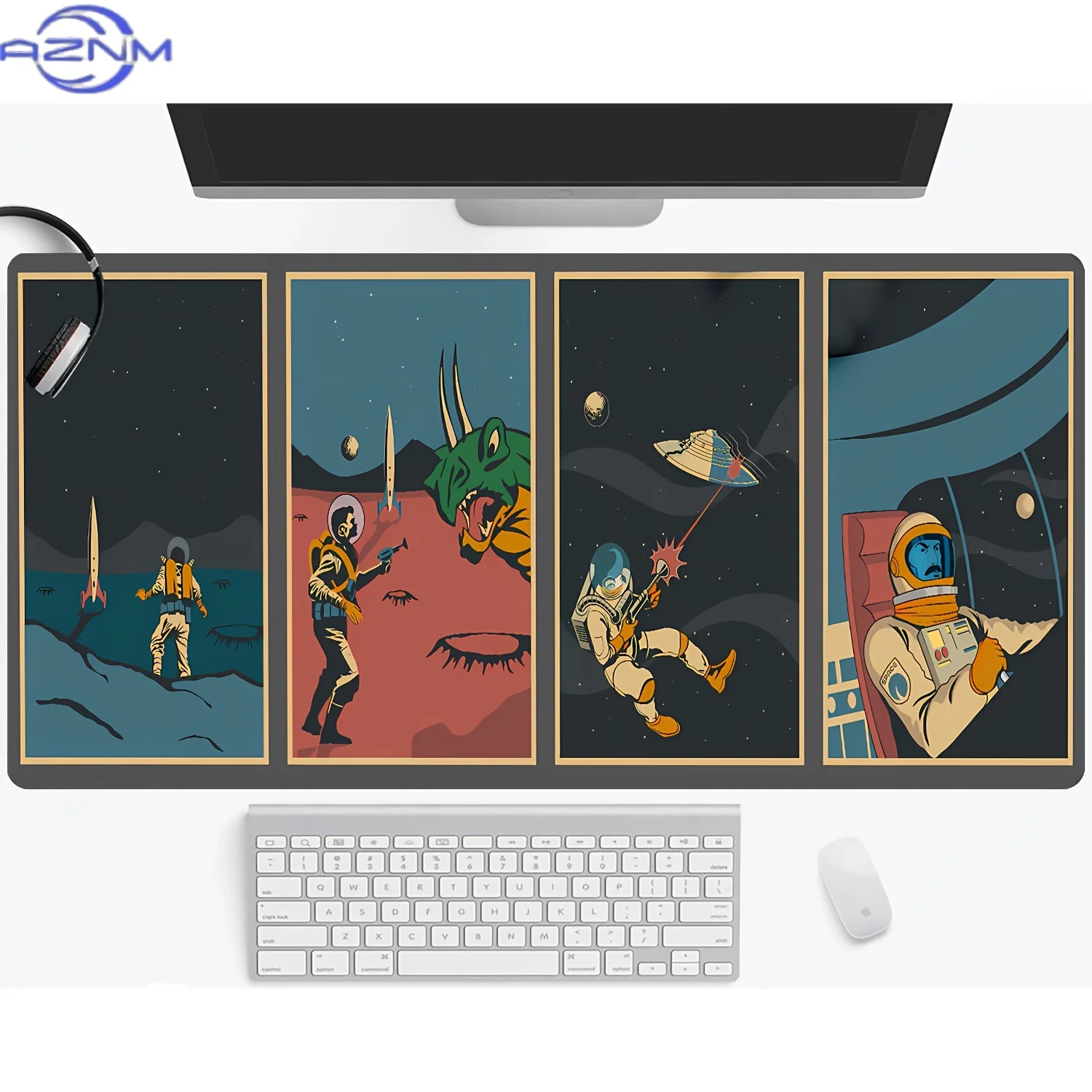 Large Gaming Mouse Pad And Desk Mat Featuring a Retro Sci-Fi Comic Book Design with Astronauts And Ufos. It Has a Non-Slip Rubbe