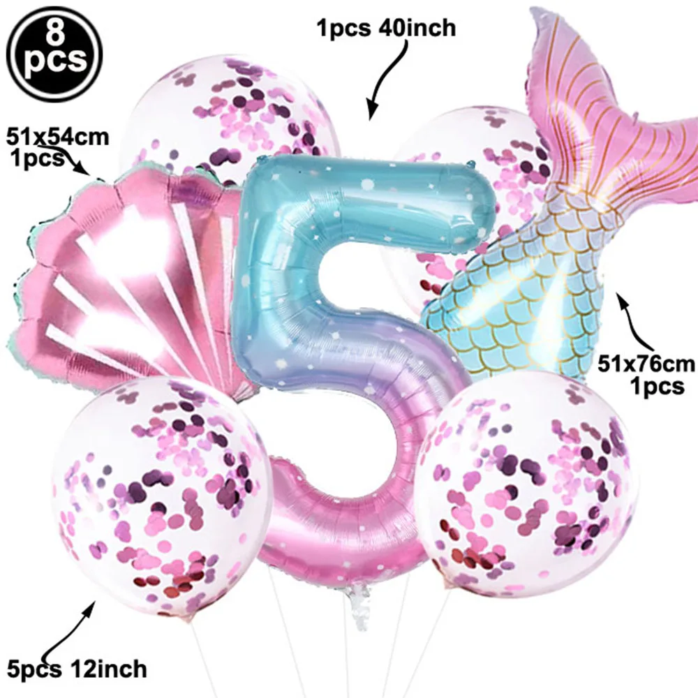 Mermaid Birthday Decorations 8Pcs Mermaid Balloon for 1st-9th Birthday Party Girls'  Mermaid Tail Balloon Decoration Baby Shower