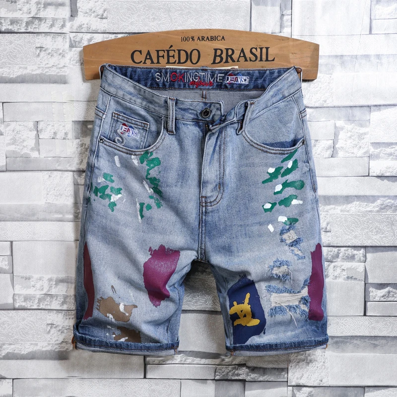 

American paint printing denim shorts men's ripped summer slim fit elastic casual trend High Street pencil pants shorts