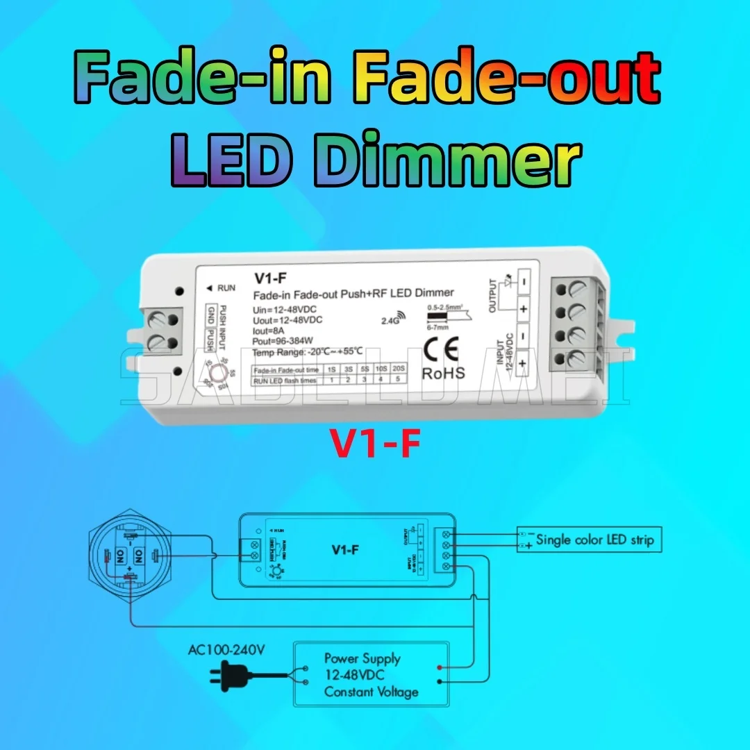 RF LED Dimmer V1-F CV Fade-in Fade-out Push Dim 12V-48VDC 1CH*8A 5 Fading Speed/Step-less Dimming For Single Color LED Strip