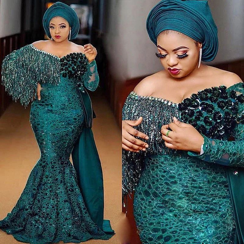 African Mermaid Evening Dresses Off The Shoulder Tassels Flowers Sequins Plus Size Prom Dress Aso Ebi Styles Formal Party Gowns