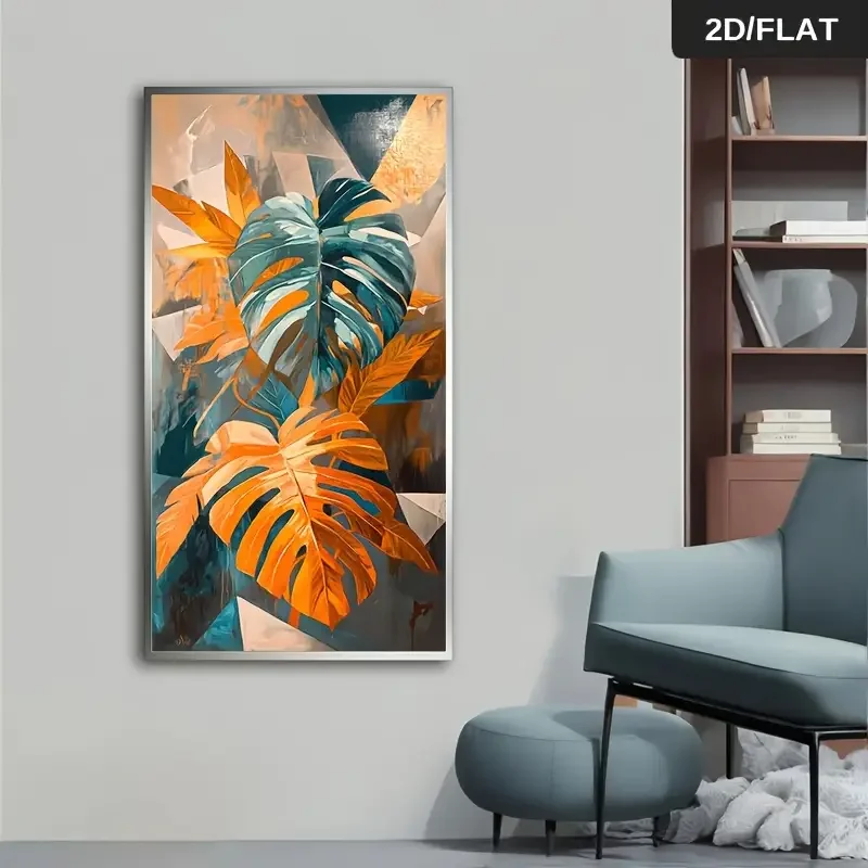 1 قطعة 27.56x55.12 بوصة بدون إطار حديث تجريدي قماش جدار الفن-لوحة أوراق النخيل الأزرق والبرتقالي النابضة بالحياة ، معاصر كبير