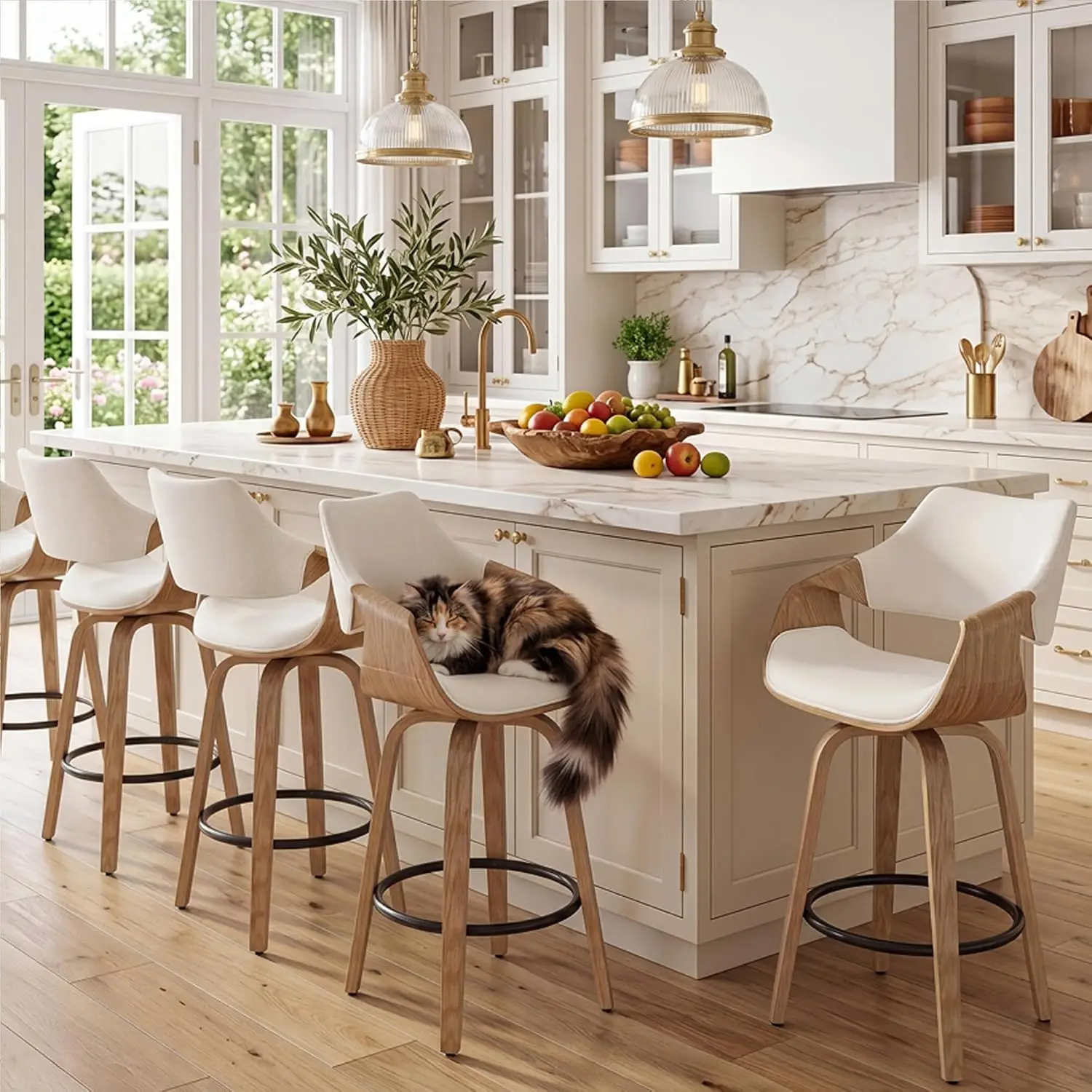 

26in Barrel Swivel Counter Stool with Back Linen Upholstered Solid Wood Kitchen Island Set of 4, Customized