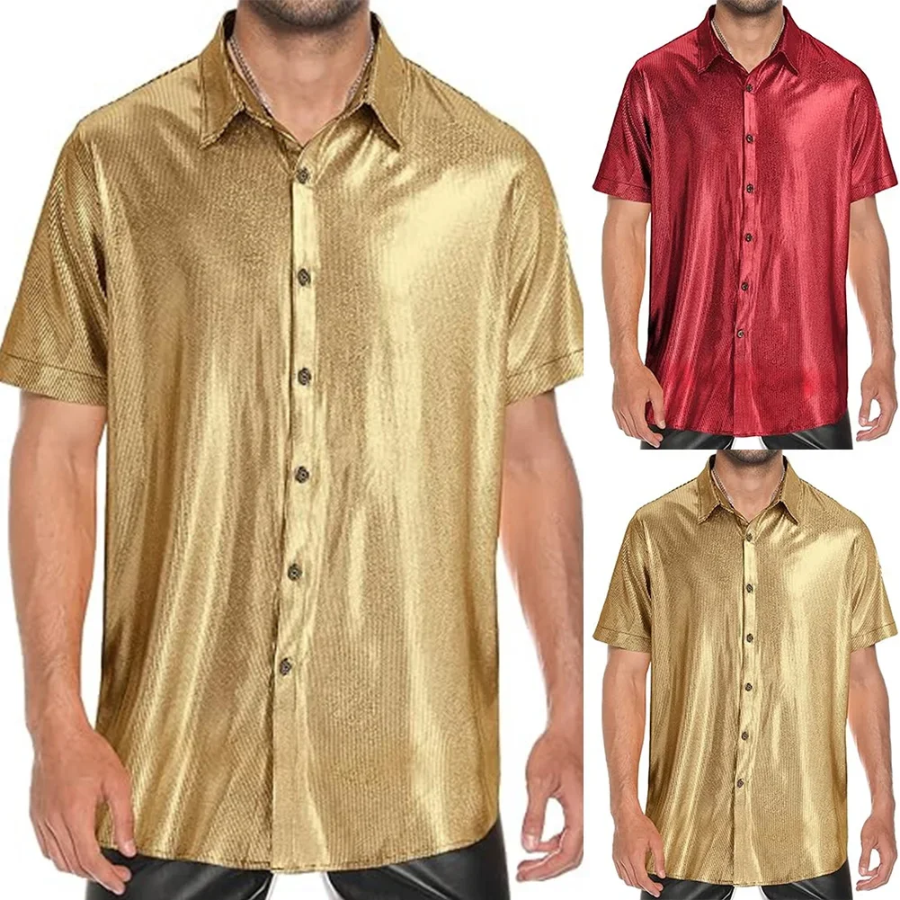 Camisa de hombre, camisa de manga corta, blusa de Color sólido, cárdigan con botones, camisa de fiesta Disco para hombre, ampliamente aplicable