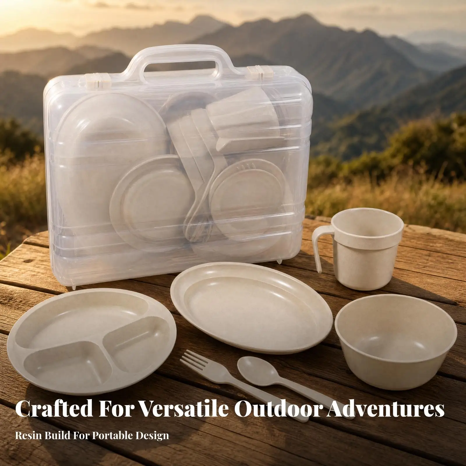 Travel Camping Tableware Pack with Secure Lid Storage for Family Outings Reusable Dinner Plates Bowls Cutlery and Mugs