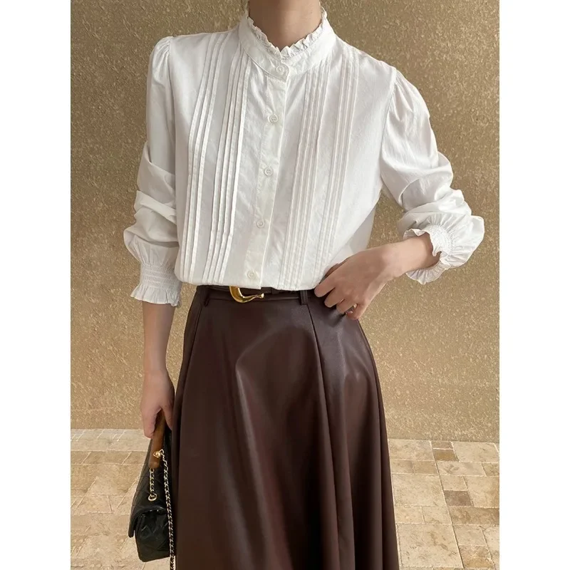 French Vintage Wood Ear Collar Shirt Women Fashion White Sweet Bubble Sleeve Korea Chic Elegant Basic Office Lady Blouse