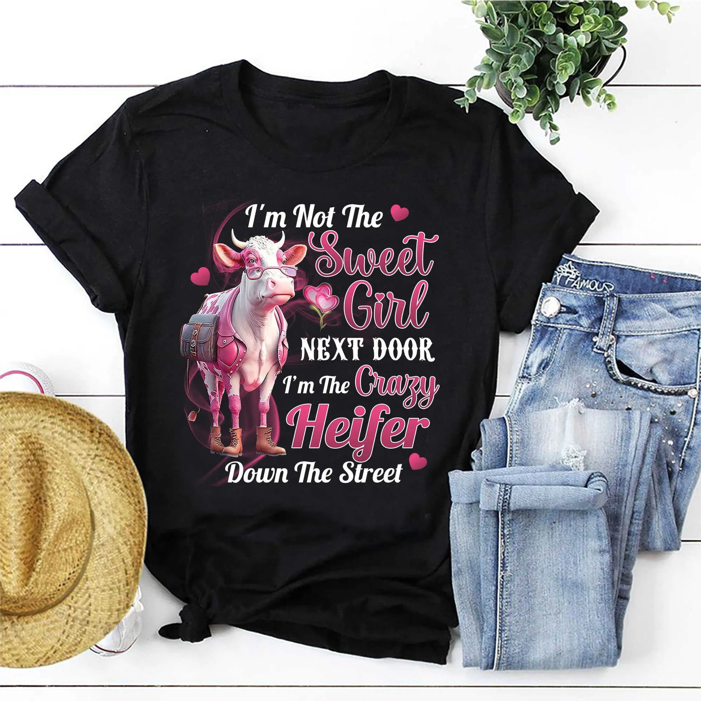 Camiseta Rosa divertida para mujer, no soy la niña dulce, al lado, Crazy Down Street Cow Farm