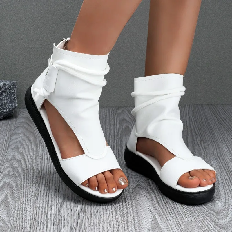 Summer Fashion Women Sandals New Retro Soft PU Leather Ladies Cool Boots Fish Mouth Sandals Wedges Mid Heels Shoe Sandalias