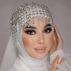 Hollow Round Crystal Hair Chain Hat Bridal Headwear for Women Boho Flapper Cap Rhinestone Tassel Headpiece Wedding Jewelry
