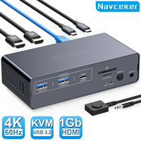 Navceker USB-C ThunderBolt KVM Switch 4K 60Hz 2 Laptops 2 Monitor Dual 10Gbps USB 3.2 Type C HDMI KVM Switch for Macbook 2 PC