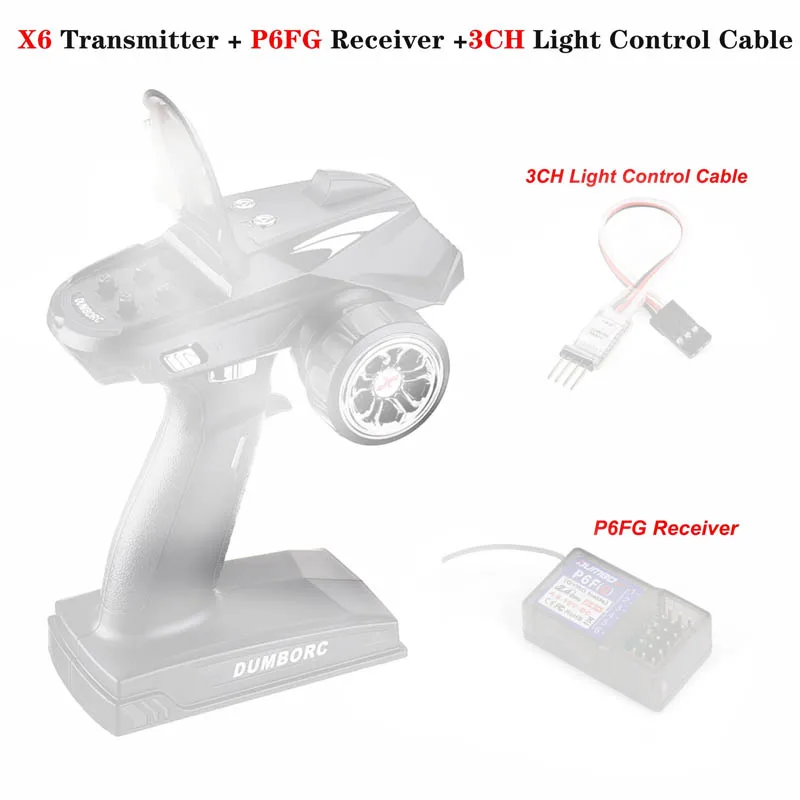 

DUMBORC X6 2.4G 6CH Transmitter P6FG Receiver Built-in Gyro with 3CH Light Control Cable for RC Car Hyper Go 16207 16208 14210