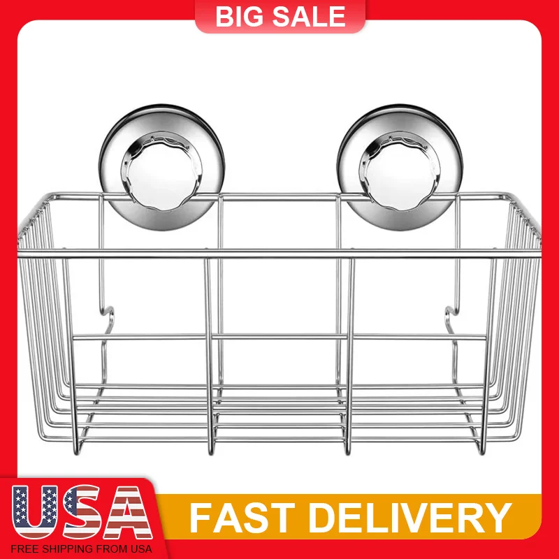 

Stainless Steel Suction Cup Shower Caddy Bathroom Shelf Rustproof Storage Basket with Hooks for Shampoo Kitchen Organizer