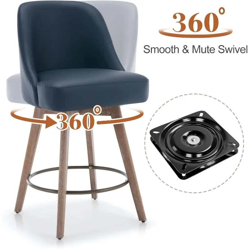 Counter Height Bar Stools, Mid-Century Swivel Bar Chairs with Backs and Beech Wood Legs, 26 Inch Seat Height, PU Leather