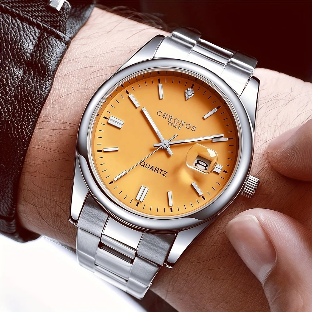 ساعة كرونوس الرياضية الكلاسيكية للرجال ستانلس ستيل مضيئة مع تاريخ فاخر مقاوم للماء كاجوال للأعمال الخارجية كوارتز #1