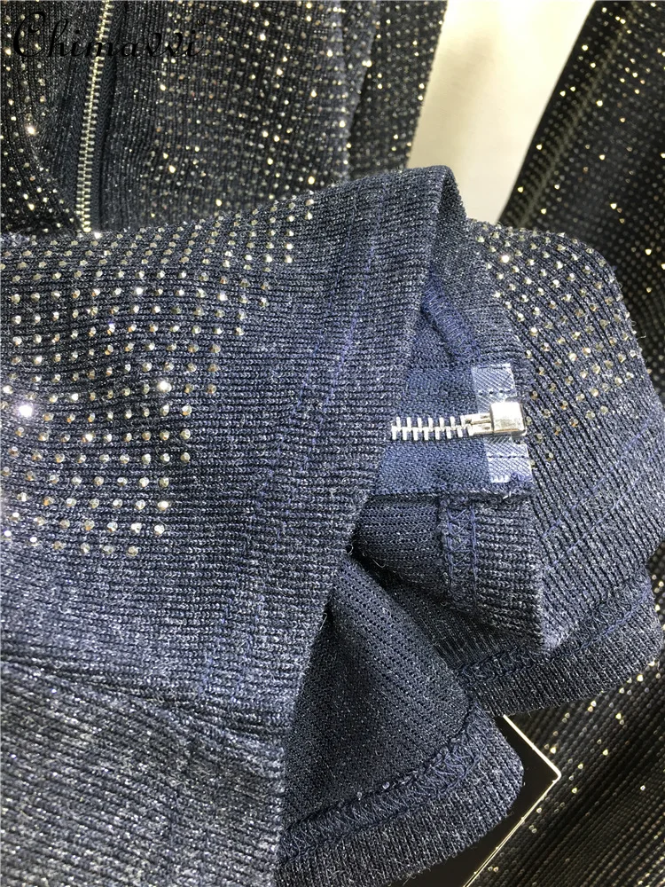 European Heavy Rhinestone Pants Set Autumn Ashion Full Rhinestone Zipper Long Sleeve Hooded Top Long Pants Women's Two-Piece Set