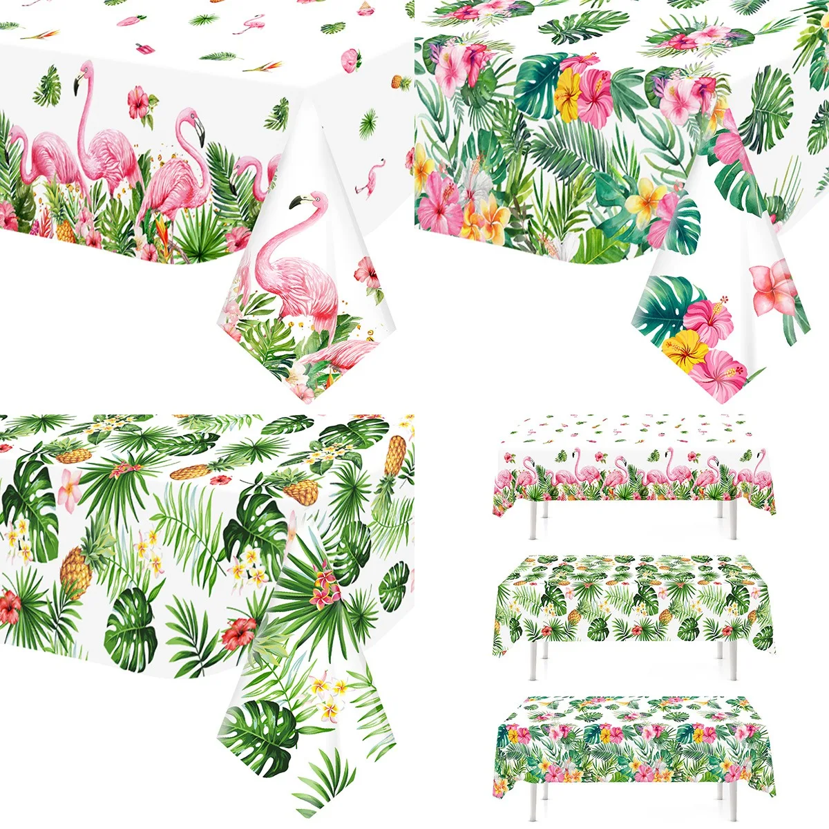 Mantel de flores de flamenco hawaiano, cubierta de mesa de hojas tropicales para decoraciones de feliz cumpleaños, suministros