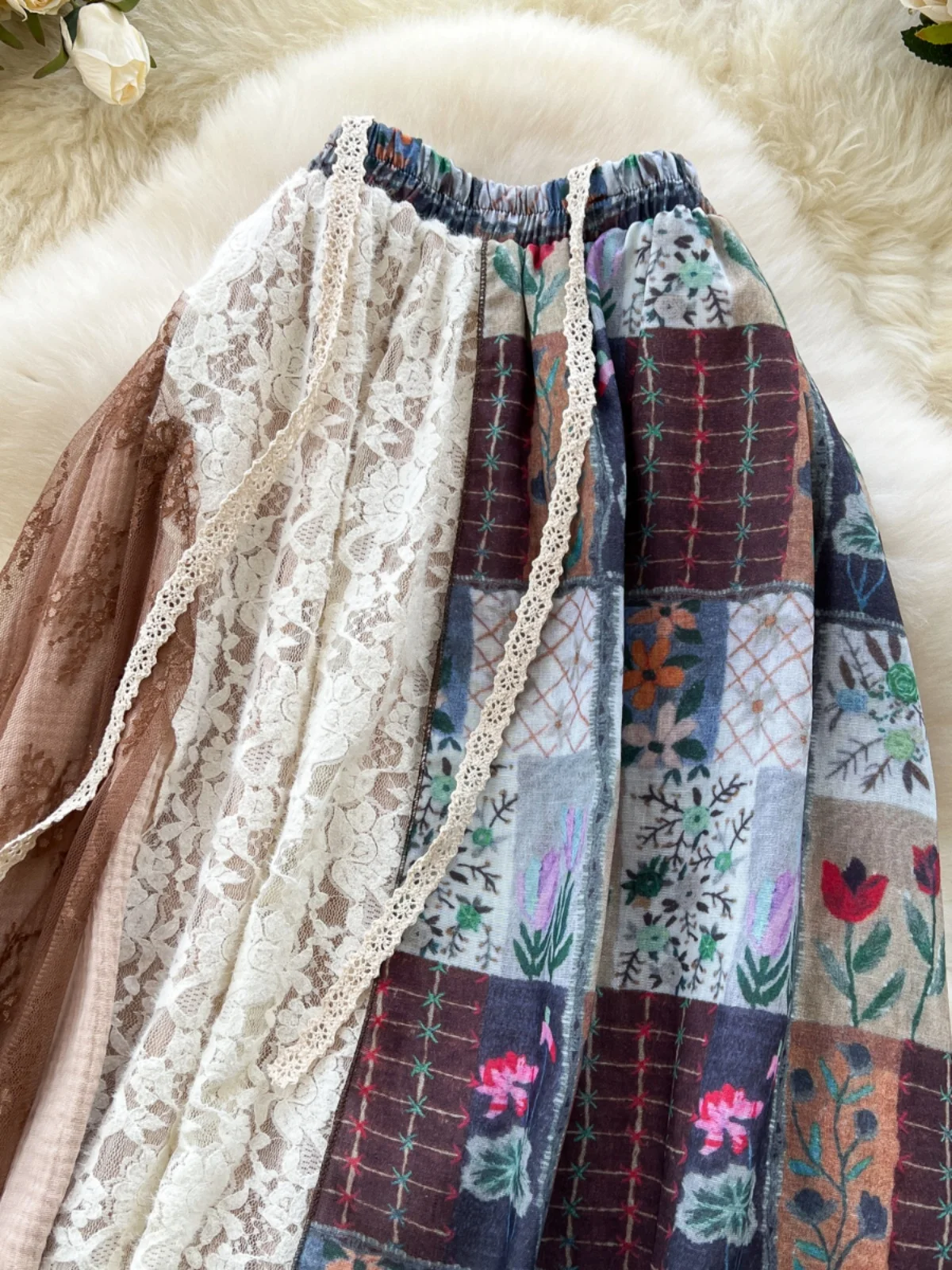 Romantic Retro Print Lace Paneling High Waist Slimming Age-Defying Half Skirt Women's Vacation Style A-Line Korean Commute