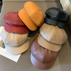 Women Men PU Leather Berets Hat Retro British Solid Beret Baseball Cap Outdoor Sun Hat Winter Warm Octagonal Hats  Caps